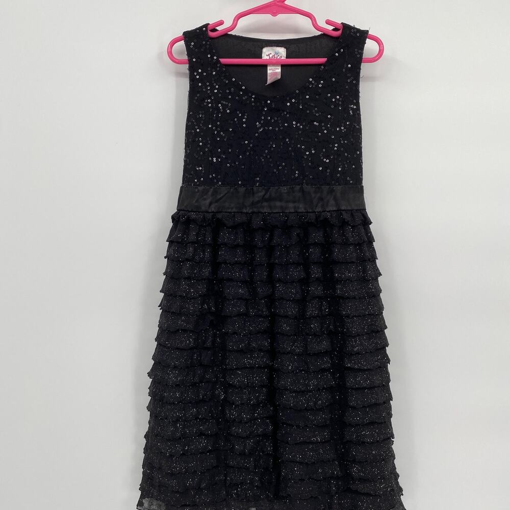 Justice Sleeveless Tank Dress Black Sequin Ruffles Fit & Flare Tie Back size 8